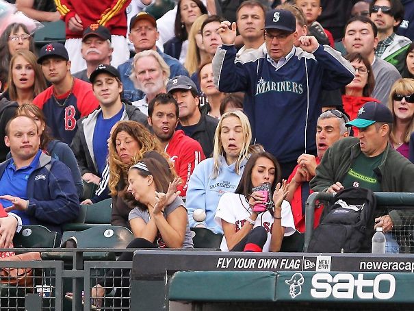Baseball Chillin Amongst A Crowd Full Of Expressive Faces