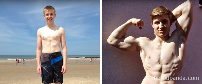 Before and after fitness transformation showing a young man's impressive muscle gain on the beach and flexing against a wall.