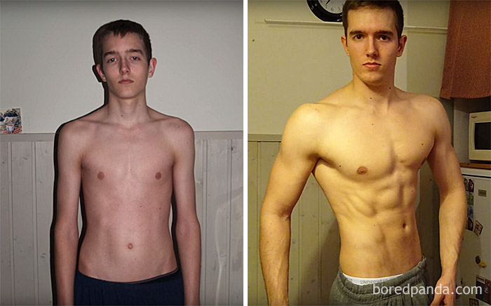 Male fitness transformation showing before and after physique improvement.