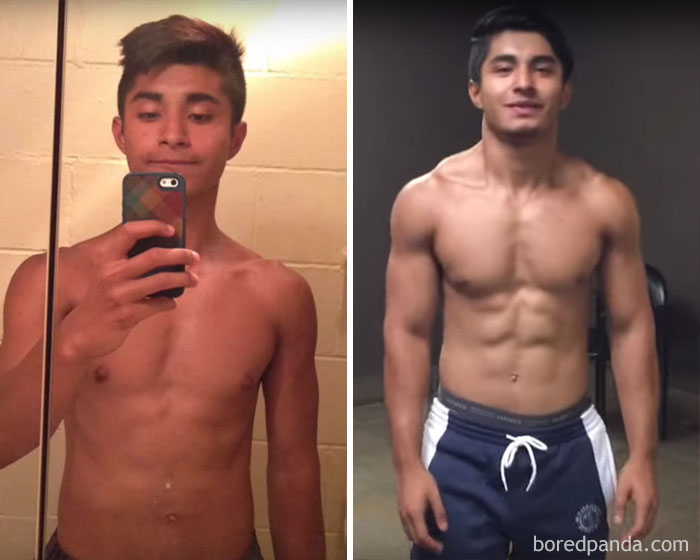 Before and after fitness transformation showing a young man's muscular progress.