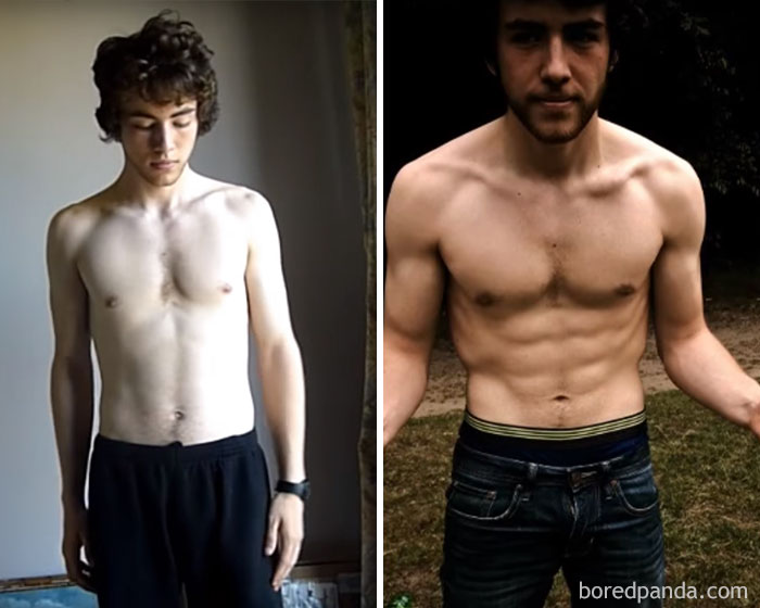 Before and after fitness transformation showing a young man with significant muscle growth.