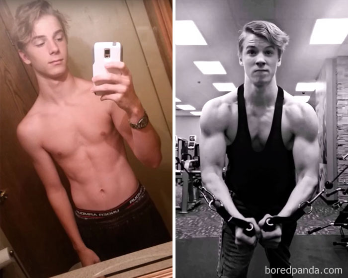 "Shirtless young man before and after impressive fitness transformation, showing muscle growth and definition."