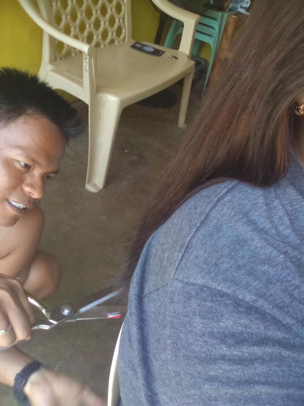 I'm Sitting And Browsing The Net When Suddenly He Says To Stay Still Cause He's Cutting My Hair To Make It Straight.