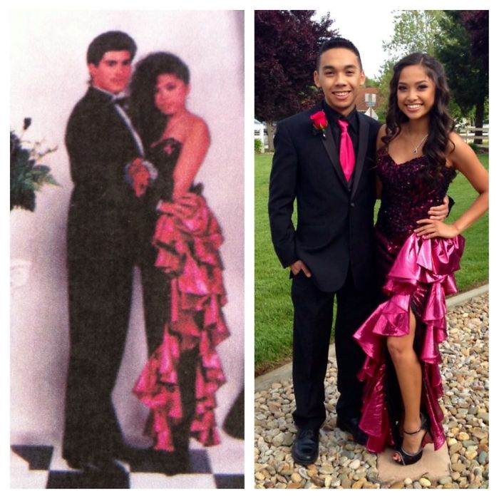 My Daughter Wore My Senior Prom Dress To Her Junior Prom (left: Mom 1990 / Right: Daughter 2014)