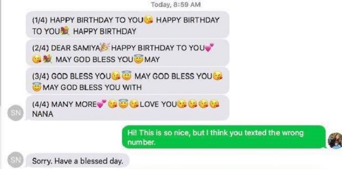 Nana Accidentally Texts Wrong Person Happy Birthday, Then Has Sweetest Response When She Realizes Mistake.