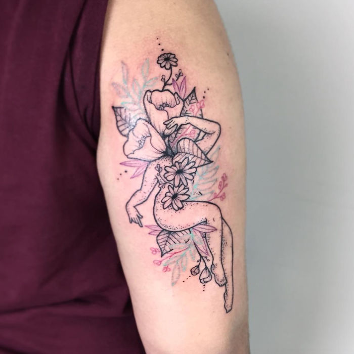 Tattoo of a headless girl surrounded by flowers on an arm, inspired by Molly Jean's unique artistry.