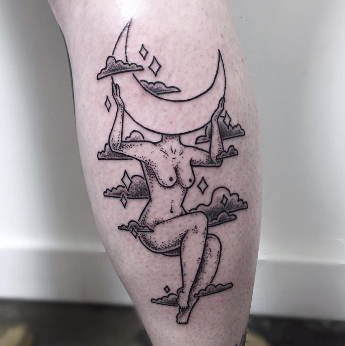 Tattoo of a headless girl sitting with a crescent moon, surrounded by clouds and stars.