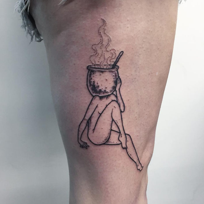 Tattoo of a headless girl by Molly Jean, with a pot as the head on a person's thigh.