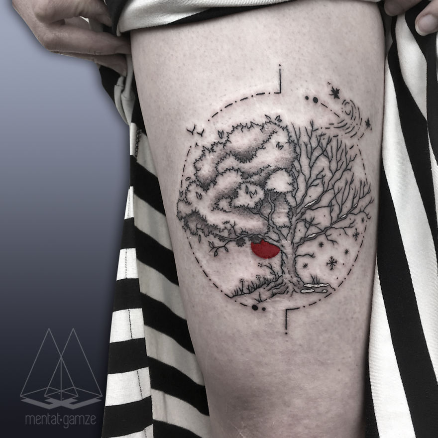 Tattoo of a tree with red dot on leg, artistic design by a tattoo artist.