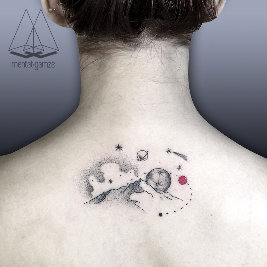 Minimalist tattoo on neck with red dot, celestial theme, and abstract mountains.