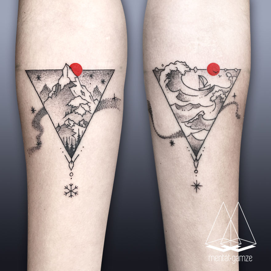 Geometric tattoos of mountains and ocean waves with red dots, showcasing unique tattoo artistry.