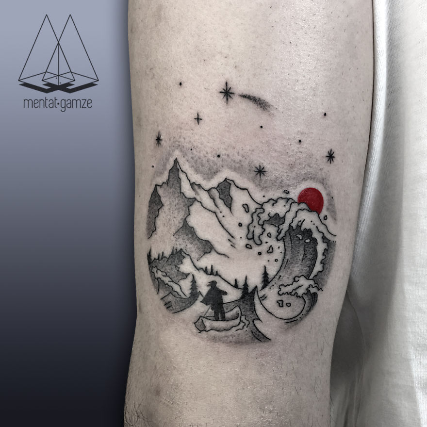 Tattoo featuring mountains, waves, and a red dot, showcasing tattoo artist's design skills and creativity.