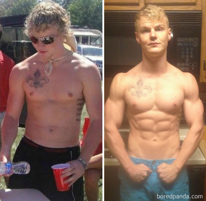 Before and after fitness transformation showing muscle gain and body change.