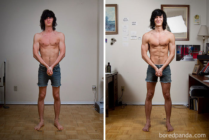 Before and after fitness transformation showing a man's progress in muscle gain.