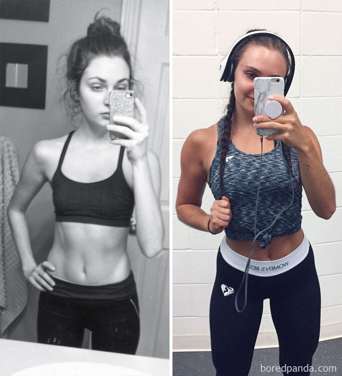 Before and after fitness transformation, woman showing strength in workout attire.