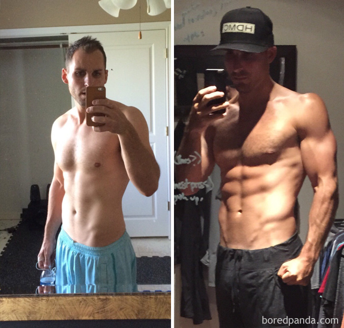 Before and after fitness transformation, showing significant muscle gain and definition over time.