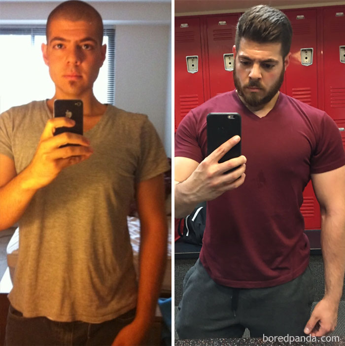 Before and after fitness transformation showing muscle growth over time.