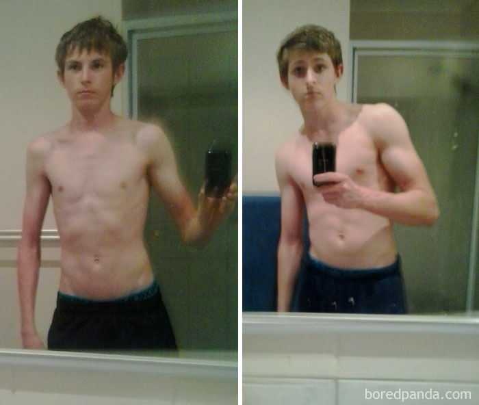 Before and after fitness transformation showcasing muscle gain in a mirror selfie.