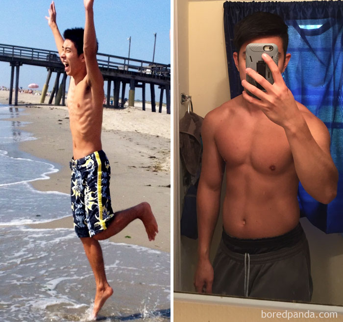 Shirtless man showing fitness transformation with a side-by-side before and after image.