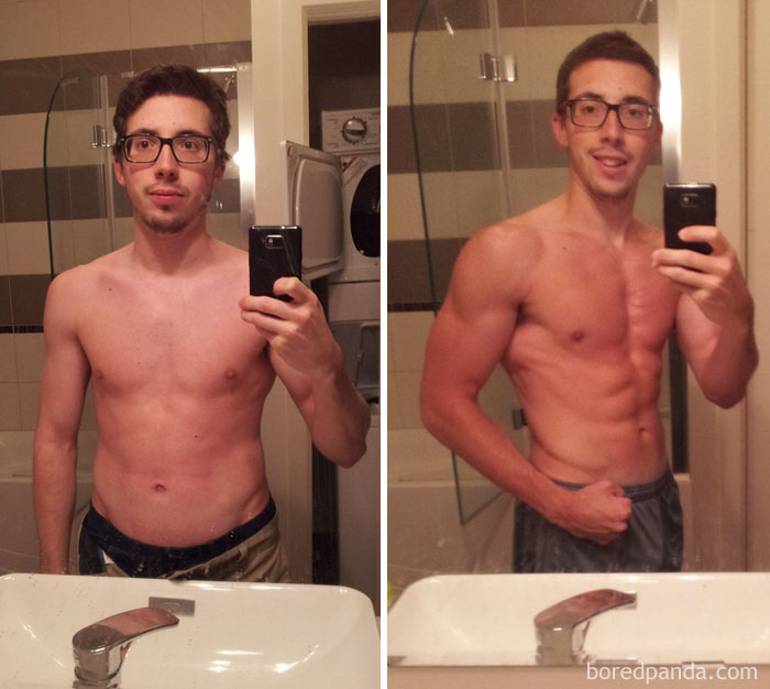 Before and after fitness transformation, man shows muscle gains and weight loss in mirror selfies.
