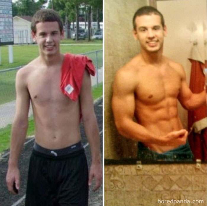 Before and after photo showing fitness transformations and progress in muscle definition.