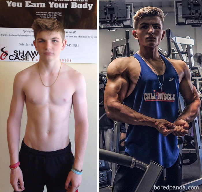Before and after fitness transformation of a young man showing muscle growth in a gym setting.