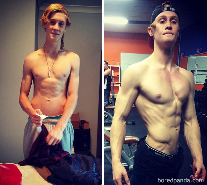 Before and after fitness transformation of a young man, showing significant muscle development.