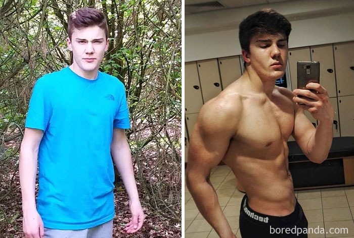 Before and after of fitness transformation, showing dramatic physique changes and muscle gain.