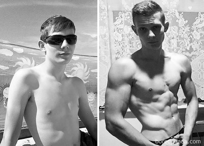 Before and after fitness transformation of a young man showing significant muscle growth.