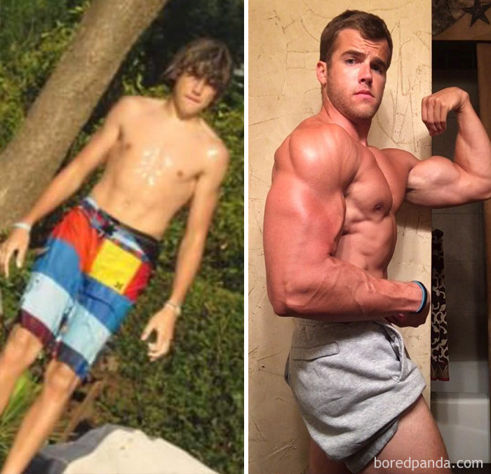 Teen boy's fitness journey transformation: before and after results showing significant muscle growth.