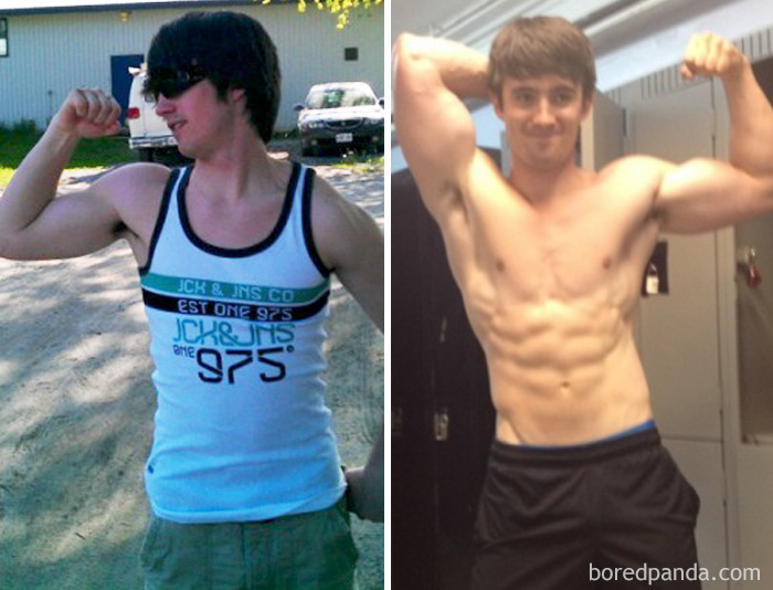 Before and after fitness transformation of a man flexing muscles, showing body improvement.
