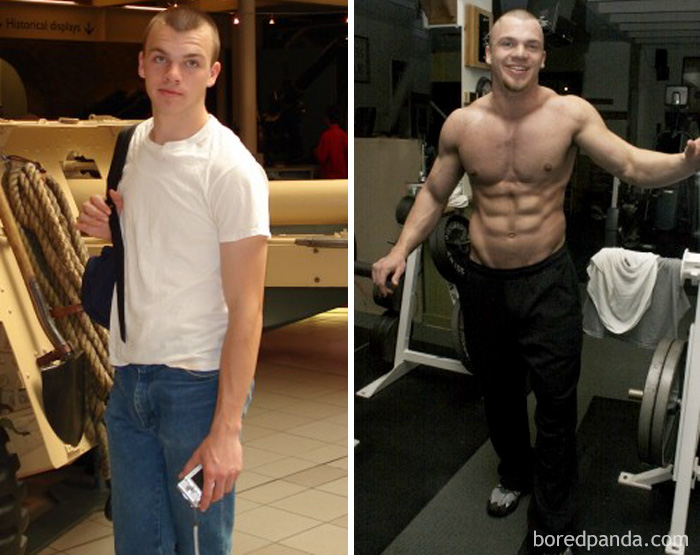 Before and after fitness transformation showing a man's remarkable change in physique over time.