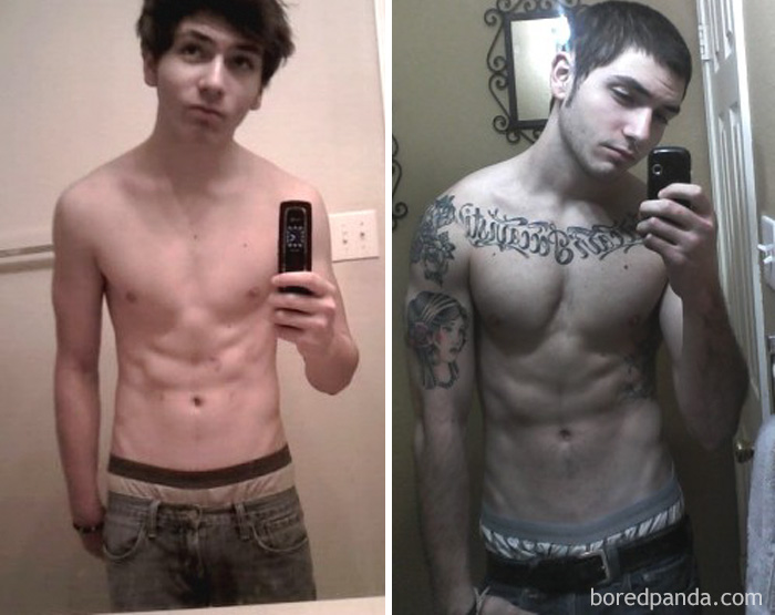Before and after fitness transformation showing muscle gain and tattoos.