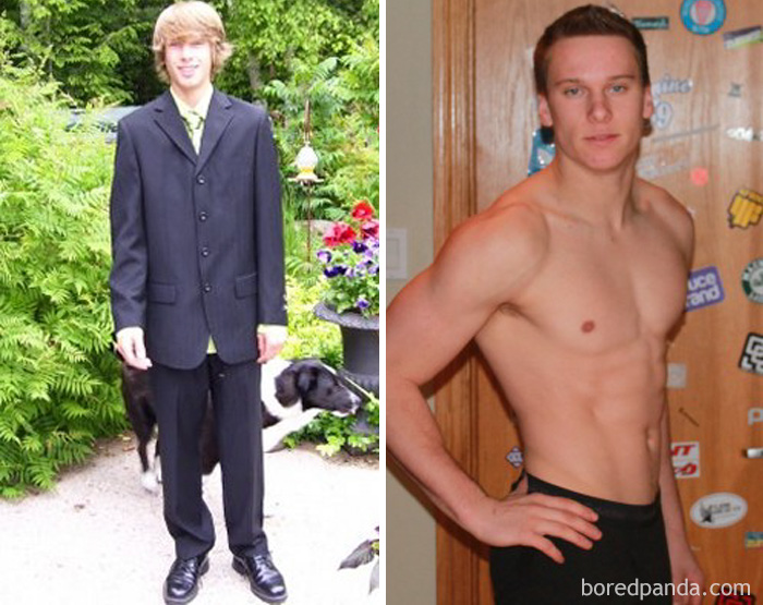 Before and after fitness transformation of a young man from suit to muscular physique, showcasing getting in shape.
