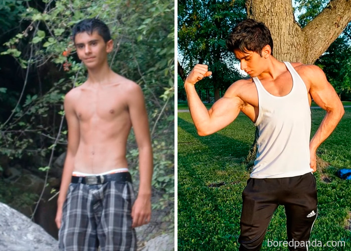 Before and after fitness transformation showing muscle gain in a young man outdoors.