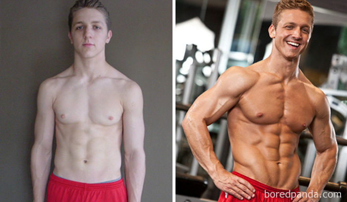 Before and after fitness transformation showing dramatic muscle gain in a gym setting.