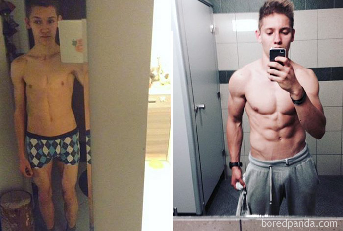 Before and after fitness transformation showing a muscular physique development over time.
