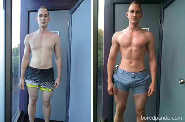 Before and after fitness transformation showing muscle gain over time.