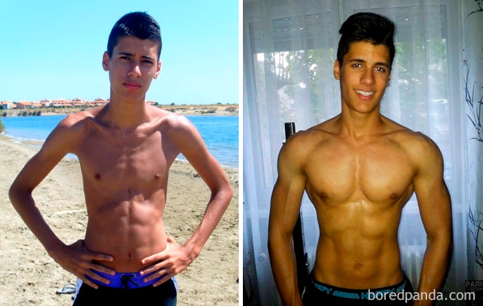 Before and after fitness transformation showing a young man’s progress in building muscle definition.