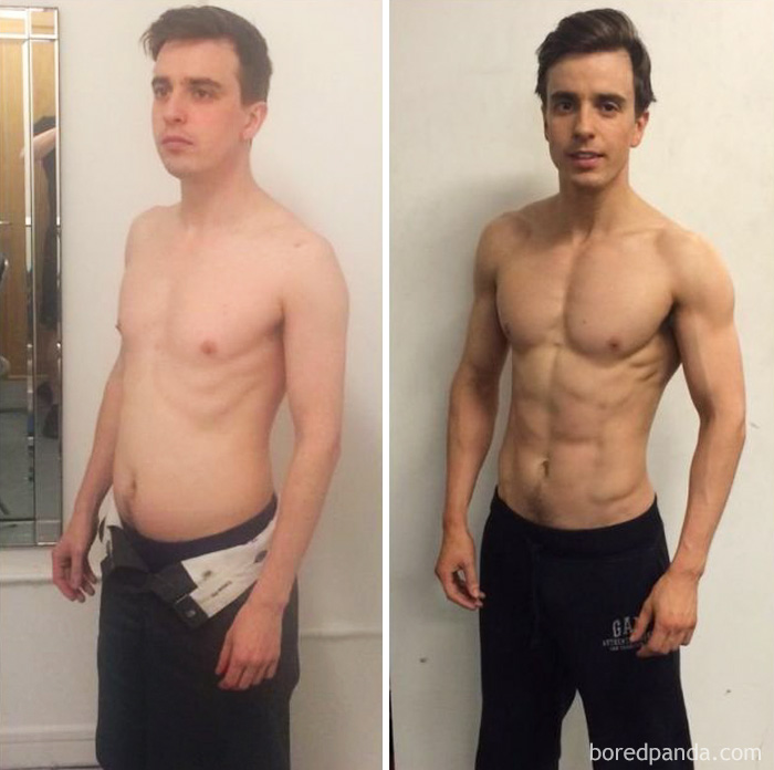 "Before and after fitness transformation of a man showing significant muscle gain."