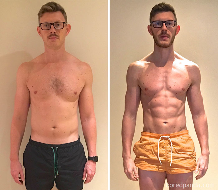 Before and after fitness transformation of a man showing significant muscle development and definition.