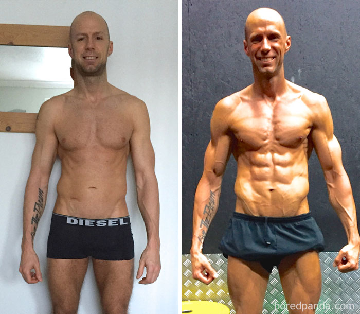Before and after fitness transformation showing a man's muscle growth over time.