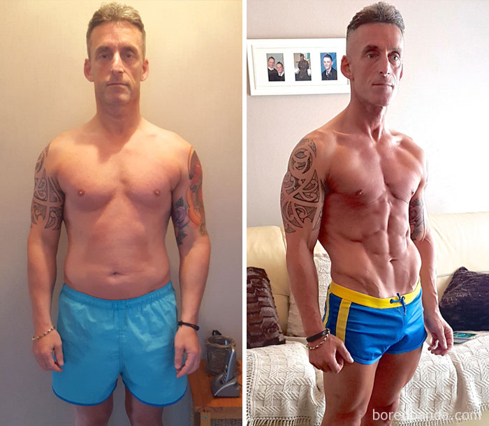 Man's fitness transformation before and after in blue shorts, showcasing remarkable body changes and muscle definition.
