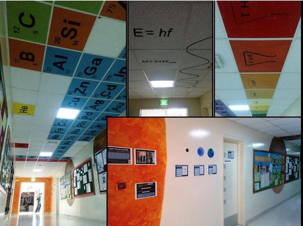 Hallway In A High School That Has A Periodic Table And Other Science Formula On Ceiling.