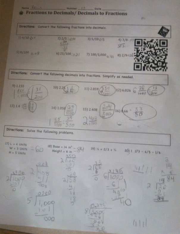 Math worksheet with fractions to decimals exercises; educational school idea with handwritten solutions and a QR code.