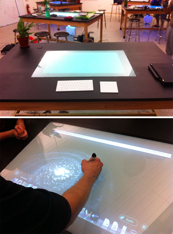 My Chemistry Teacher Modded His Classroom Lab Tables. Installed Semi-Touch Screen Computers Into The Middle Of The Desks With Mac Mini's, Wii Remotes, Projectors, Etc.