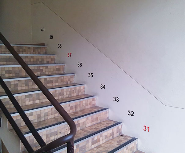 The Mathematics Building At My University Numbers Each Step From The Ground Up, With The Prime Numbers In Red
