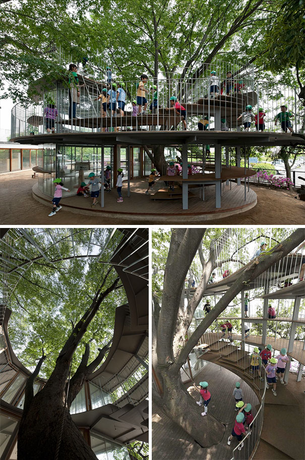 Children playing in a modern treehouse school, showcasing creative school ideas integrated with nature.