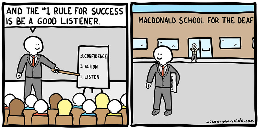 Comics abotut being good listener and school for the deaf 