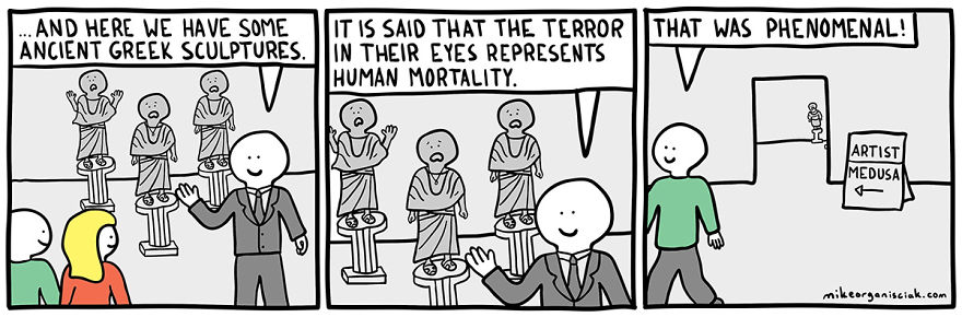 Comics with man showing people sculpture 